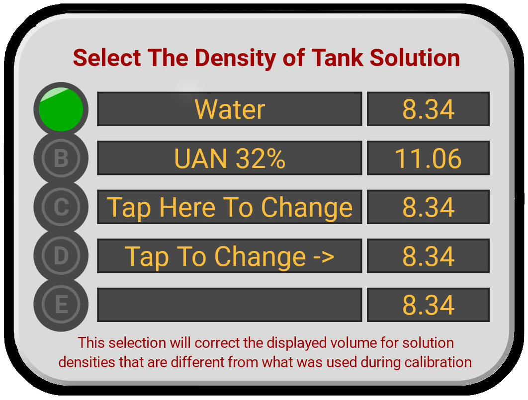 Tank solution density selection screen